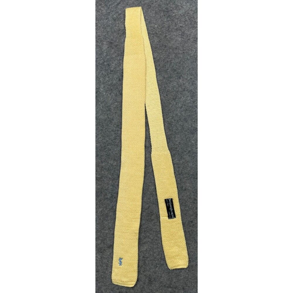 Yves Saint Laurent Vintage Tie Knit 70s 80s Butter Yellow Blue YSL Logo Square